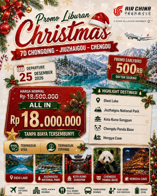 Promo Natal — Liburan 7 Hari ke Chongqing, Jiuzhaigou & Chengdu!   Mulai Rp 18 juta all-in, termasuk visa dan tipping. Tanpa biaya tersembunyi!